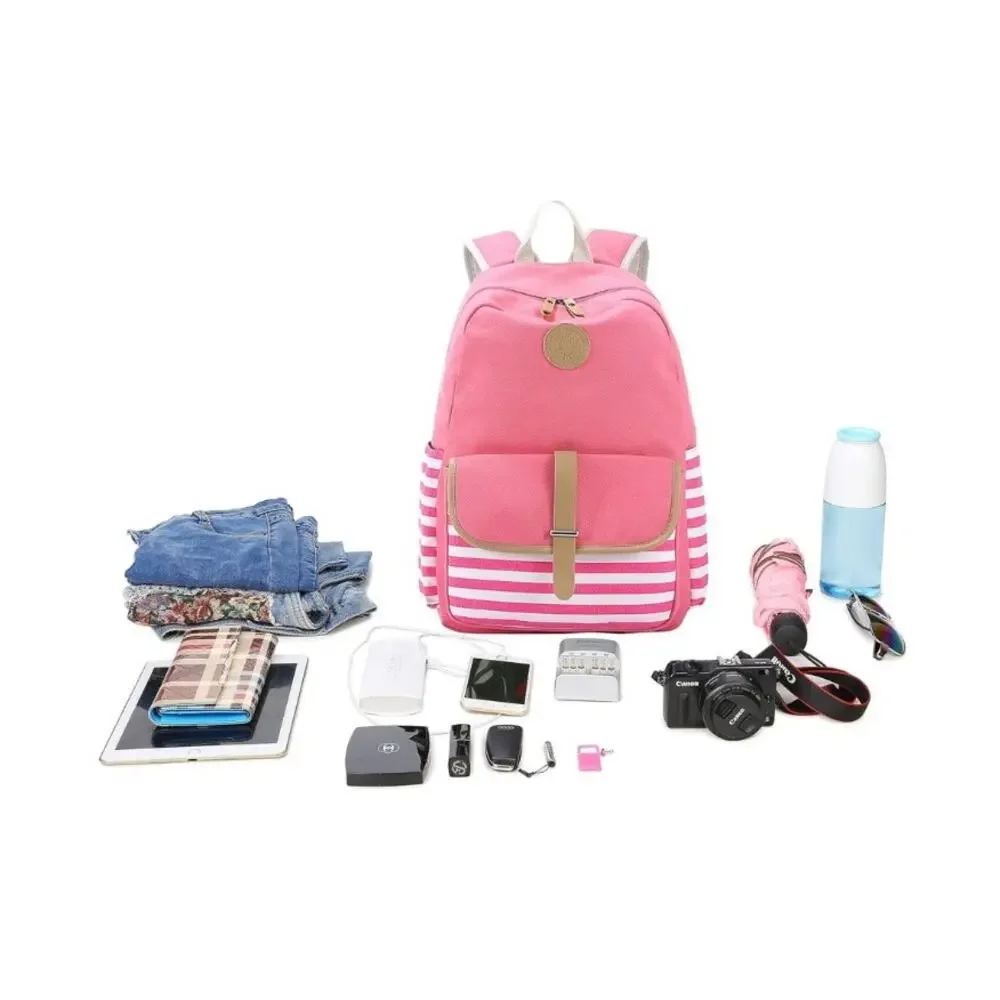 3-Piece Pink Backpack Set – Striped School Bag, Lunch Bag‎ & Pencil Case NEW